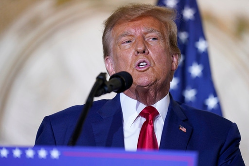 FILE - Former President Donald Trump speaks at his Mar-a-Lago estate Tuesday, April 4, 2023, in Palm Beach, Fla. Timothy Parlatore, a key lawyer for former President Donald Trump says he's leaving the legal team, a move that comes as a special counsel investigation into the retention of classified documents shows signs of being in its final stages. Timothy Parlatore told The Associated Press that his departure had nothing to do with Trump and was not a reflection on his view of the Justice Department’s investigation, which he has long called misguided and overly aggressive, or on the strength of the government’s evidence. (AP Photo/Evan Vucci, File)