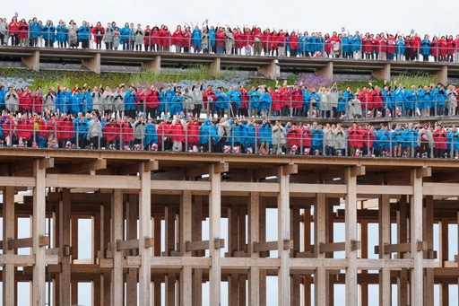Participants sing Beethoven's "Ode to Joy" on the opening day of Osaka Expo 2025 in Osaka, western Japan, Sunday, April 13, 2025. (AP Photo/Hiro Komae)