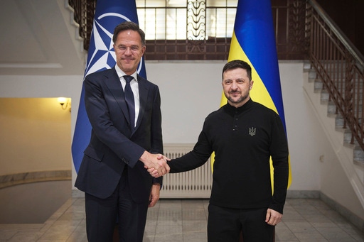 In this photo provided by the Ukrainian Presidential Press Office, NATO Secretary General Mark Rutte and Ukraine's President Volodymyr Zelenskyy, right, pose for a photo during their meeting in Odesa, Ukraine, Tuesday, April 15, 2025.(Ukrainian Presidential Press Office via AP)