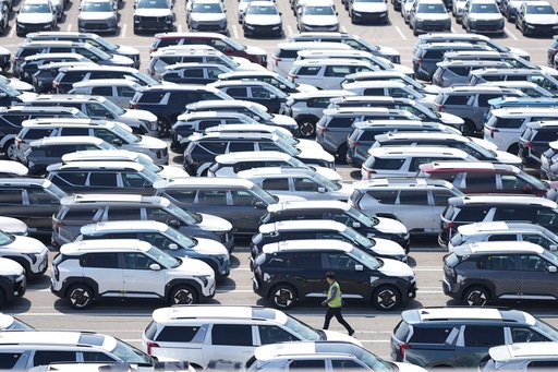 Vehicles for export are parked at a port in Pyeongtaek, South Korea, Tuesday, April 15, 2025. (AP Photo/Lee Jin-man)